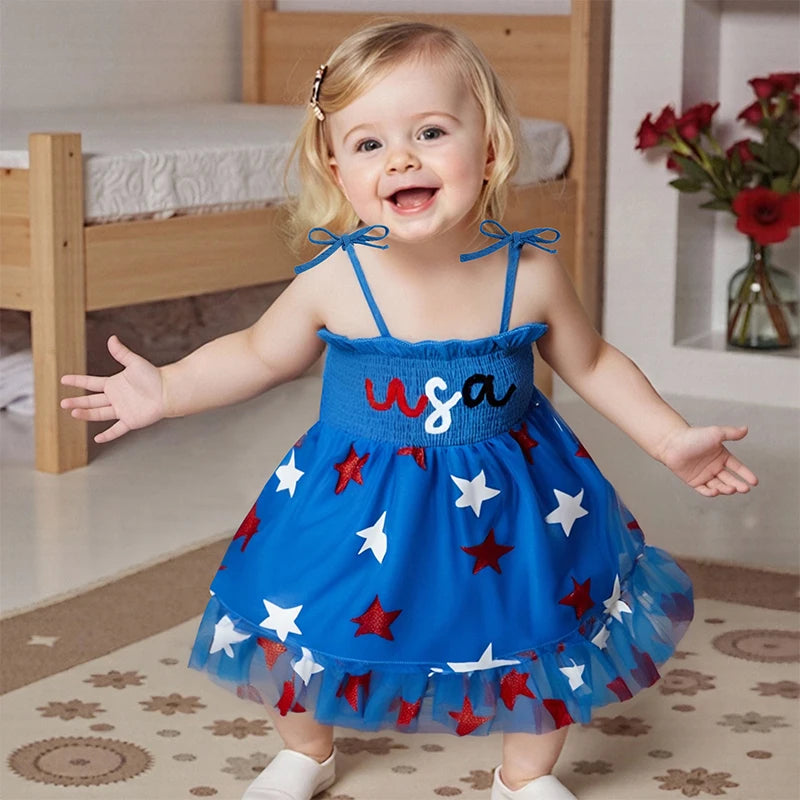 Toddler Girl Patriotic Sleeveless Dress with Tie Shoulder Star Print Tulle Dress Kids Smocked Fourth of July Outfit