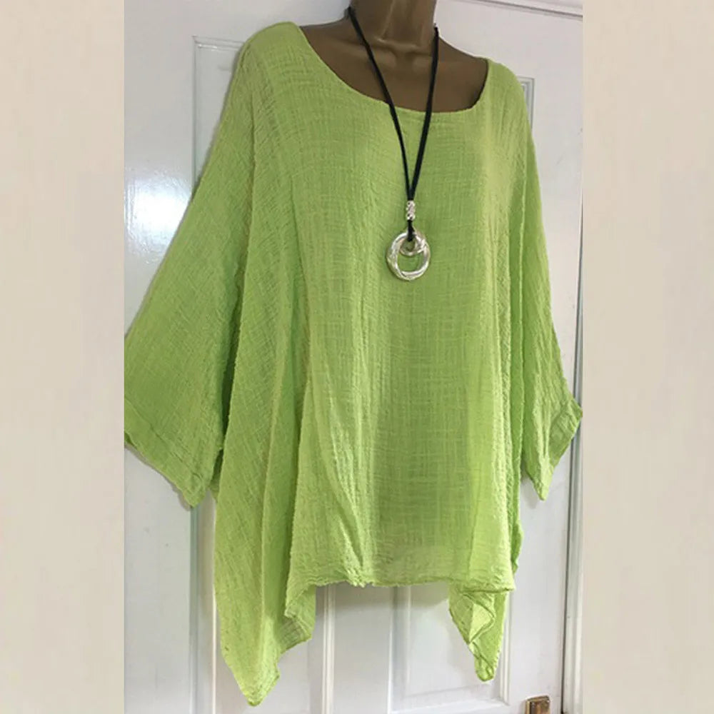 Plus Size Women Boho Linen Blouse Top Summer Solid Color