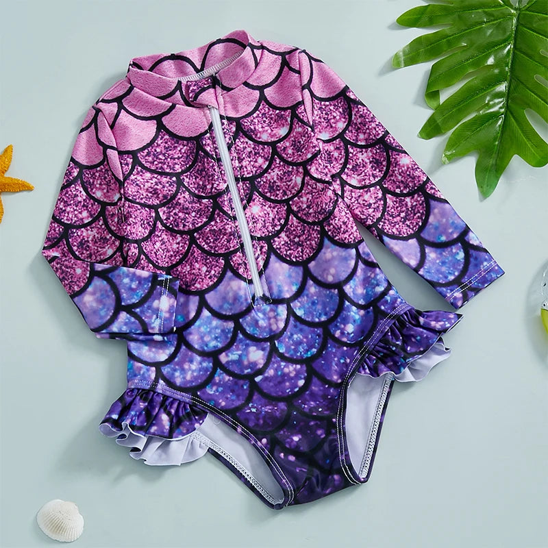 Mermaid Print Swimsuit with Zipper Closure and Ruffled Mock Neck for Toddler Girls - UV Protection Rash Guard Bathing