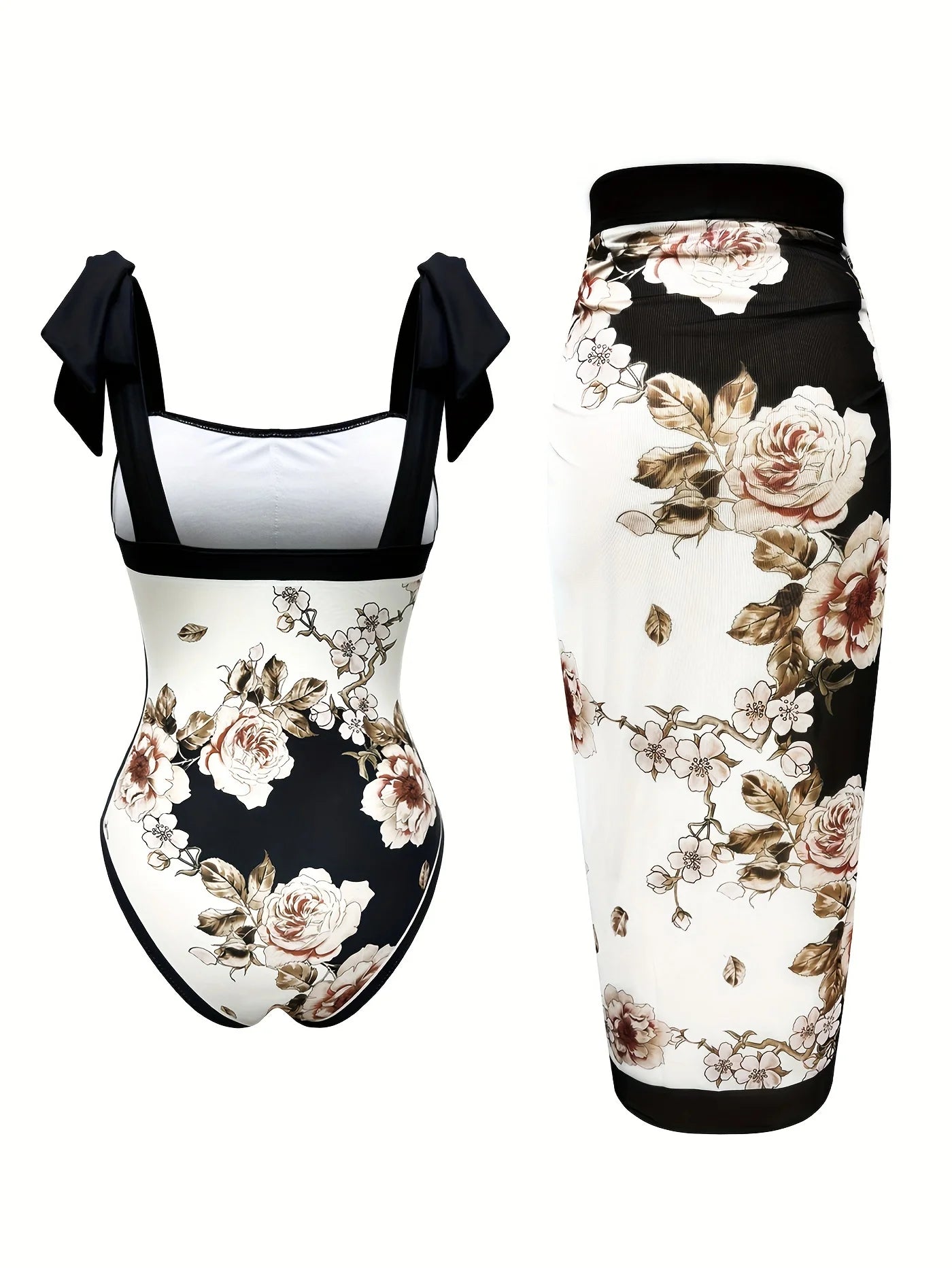Elegant Floral Print Swimsuit Set: Tie Straps, Matching Sarong Included, Showcasing Romantic Beach Vibes