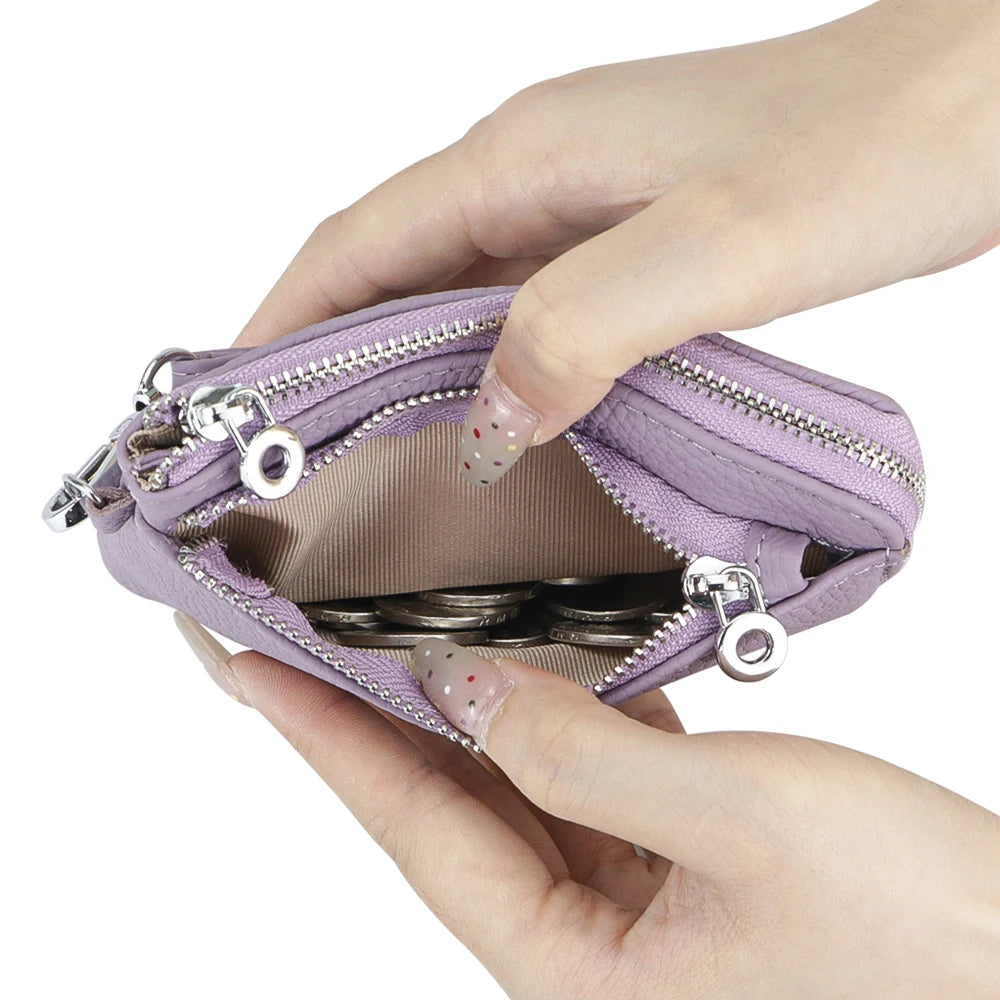 Royal Bagger RFID Coin Purse with Keychain, Genuine Leather Multi Zipper Clutch Wallet, Portable Wristlet Card Holder