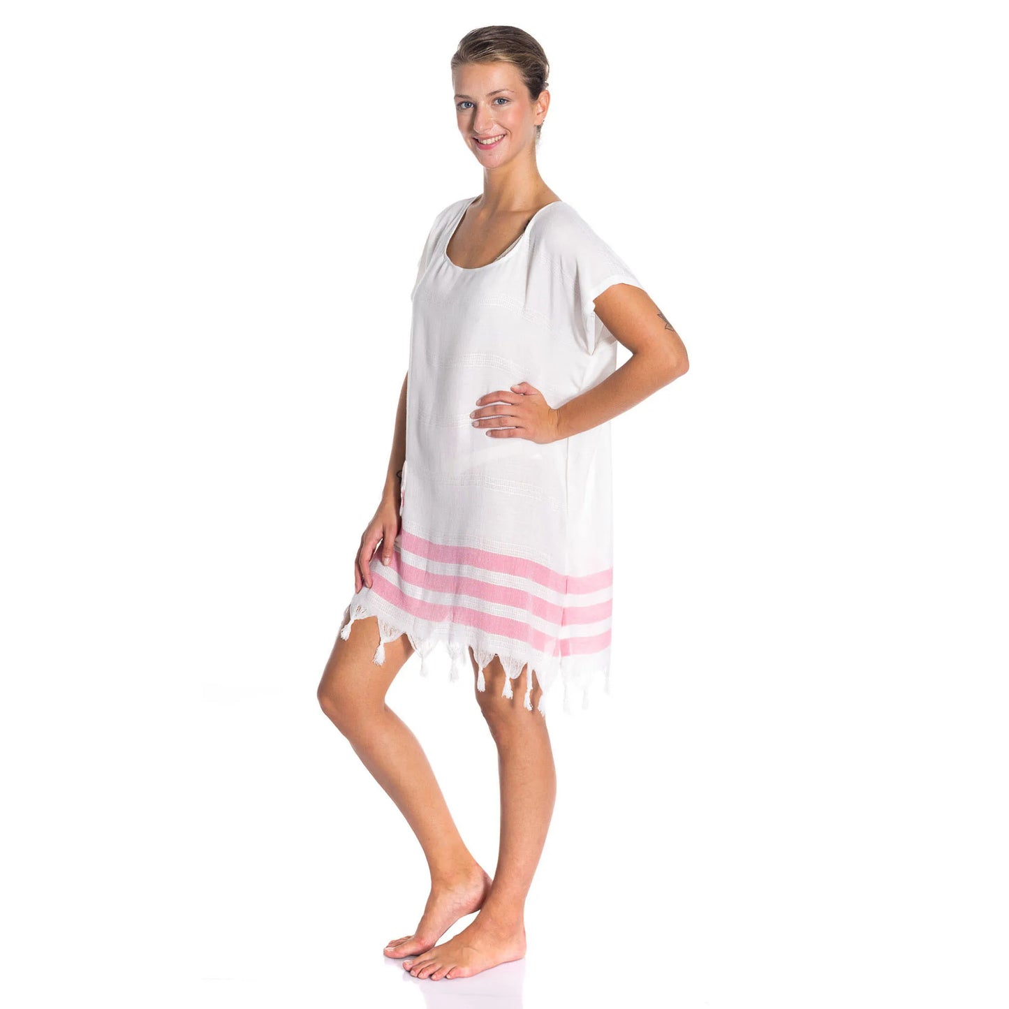 Soft 100% Turkish Cotton Swimsuit Cover Up Dress for Women Short Sleeve Beach Dress with Fringed Hem
