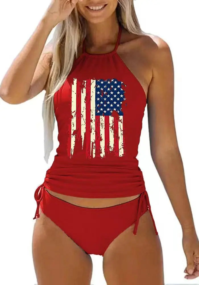 Women's 4th of July Tankini Swimsuit – American Flag Design, Flattering High Neck Fit