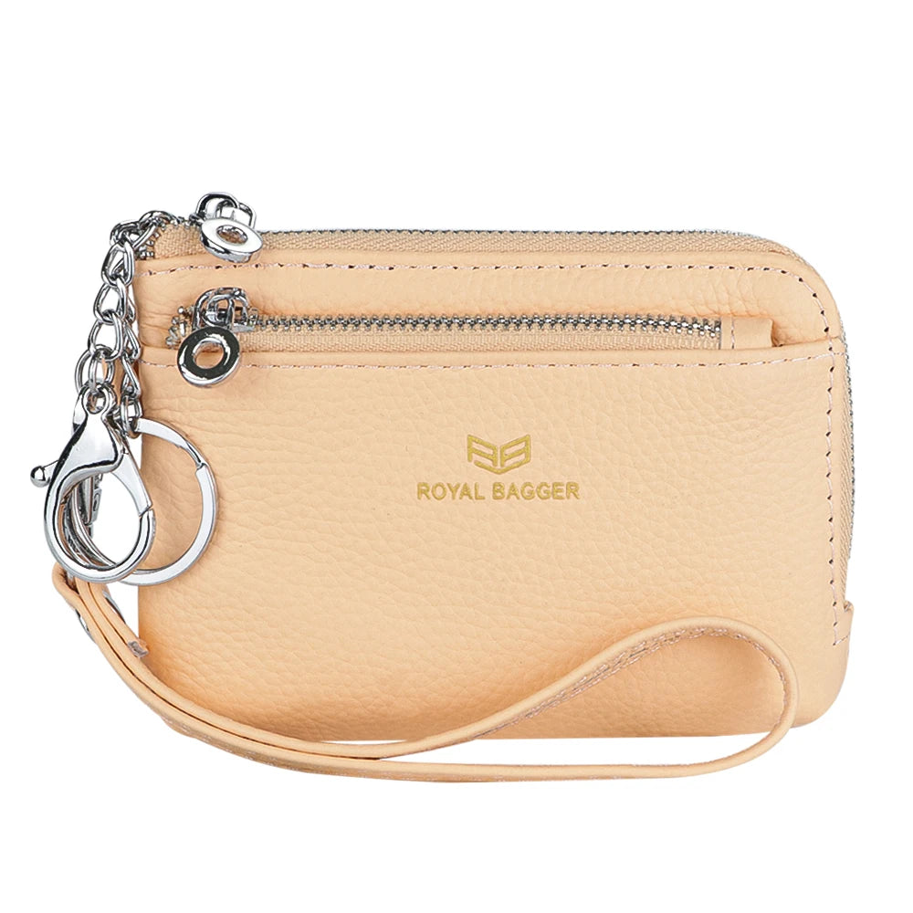 Royal Bagger RFID Coin Purse with Keychain, Genuine Leather Multi Zipper Clutch Wallet, Portable Wristlet Card Holder