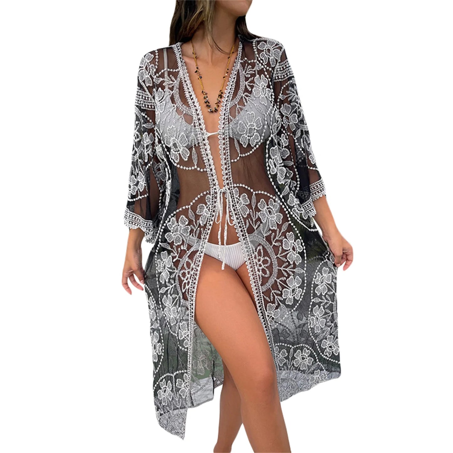 Women s Summer Midi Beachwear Dress 3 4 Sleeve Pattern Print Tie Up Bikini Cover Up