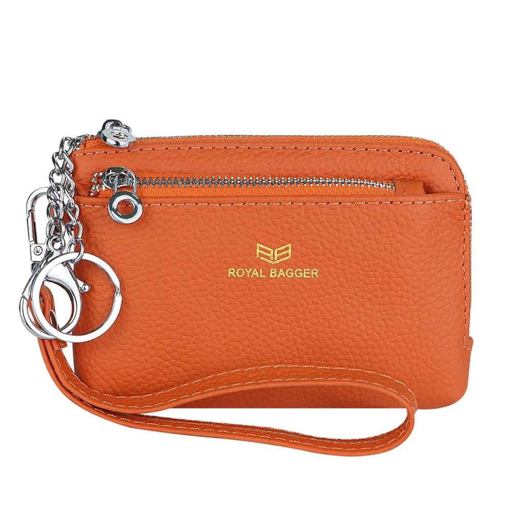 Royal Bagger RFID Coin Purse with Keychain, Genuine Leather Multi Zipper Clutch Wallet, Portable Wristlet Card Holder