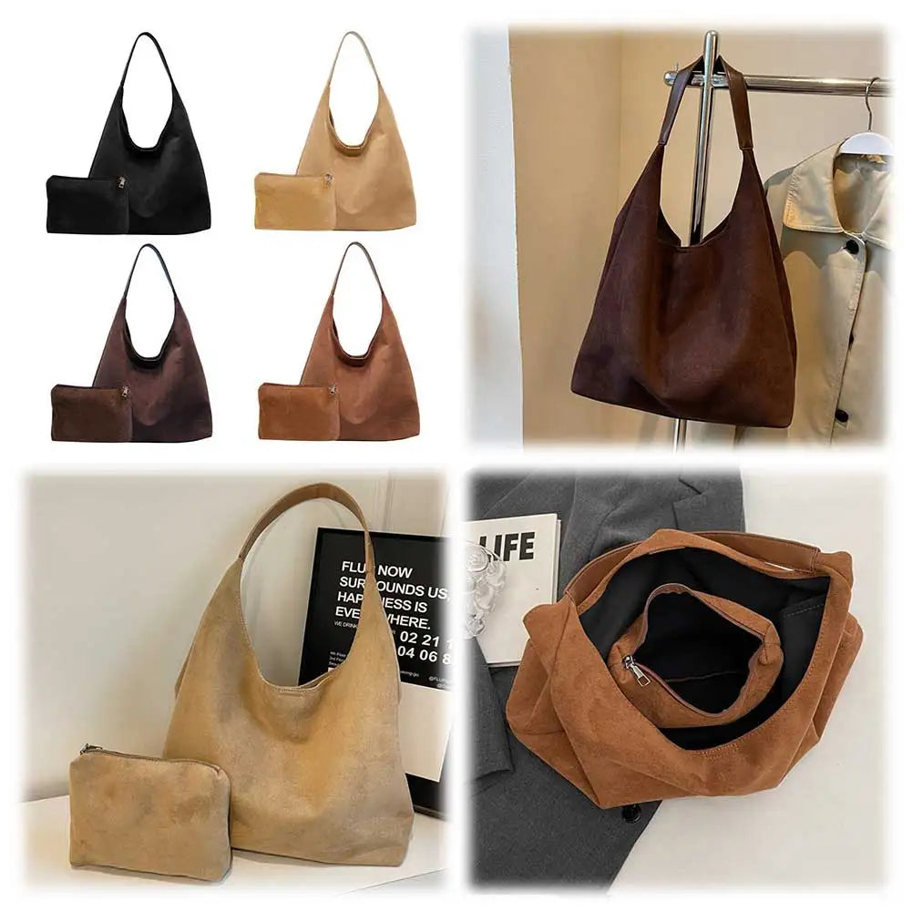 Women Suede Shoulder Bag Large Capacity Vintage Women's Bag Retro Handbag Simple Casual Commuter Bag Autumn Winter Work Travel