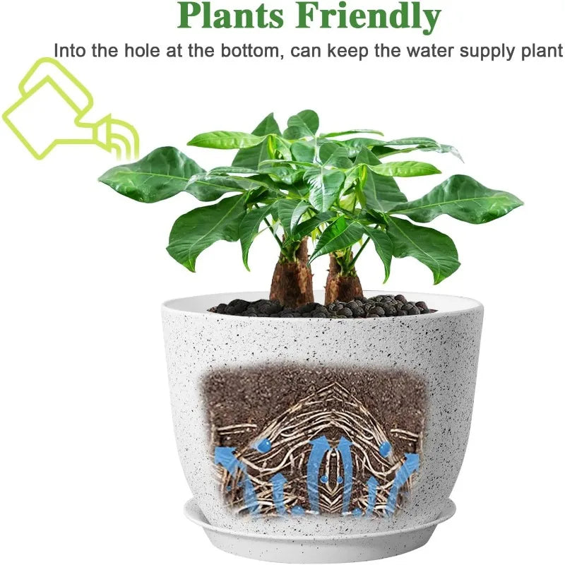 12/10/9 Large Modern Plant Pots, Plastic Planters with Drainage Holes and Saucers for Indoor Outdoor Plants Flowers
