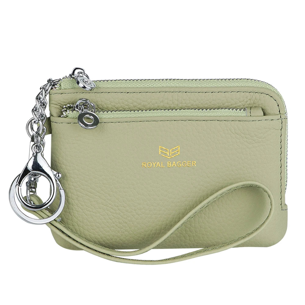 Royal Bagger RFID Coin Purse with Keychain, Genuine Leather Multi Zipper Clutch Wallet, Portable Wristlet Card Holder