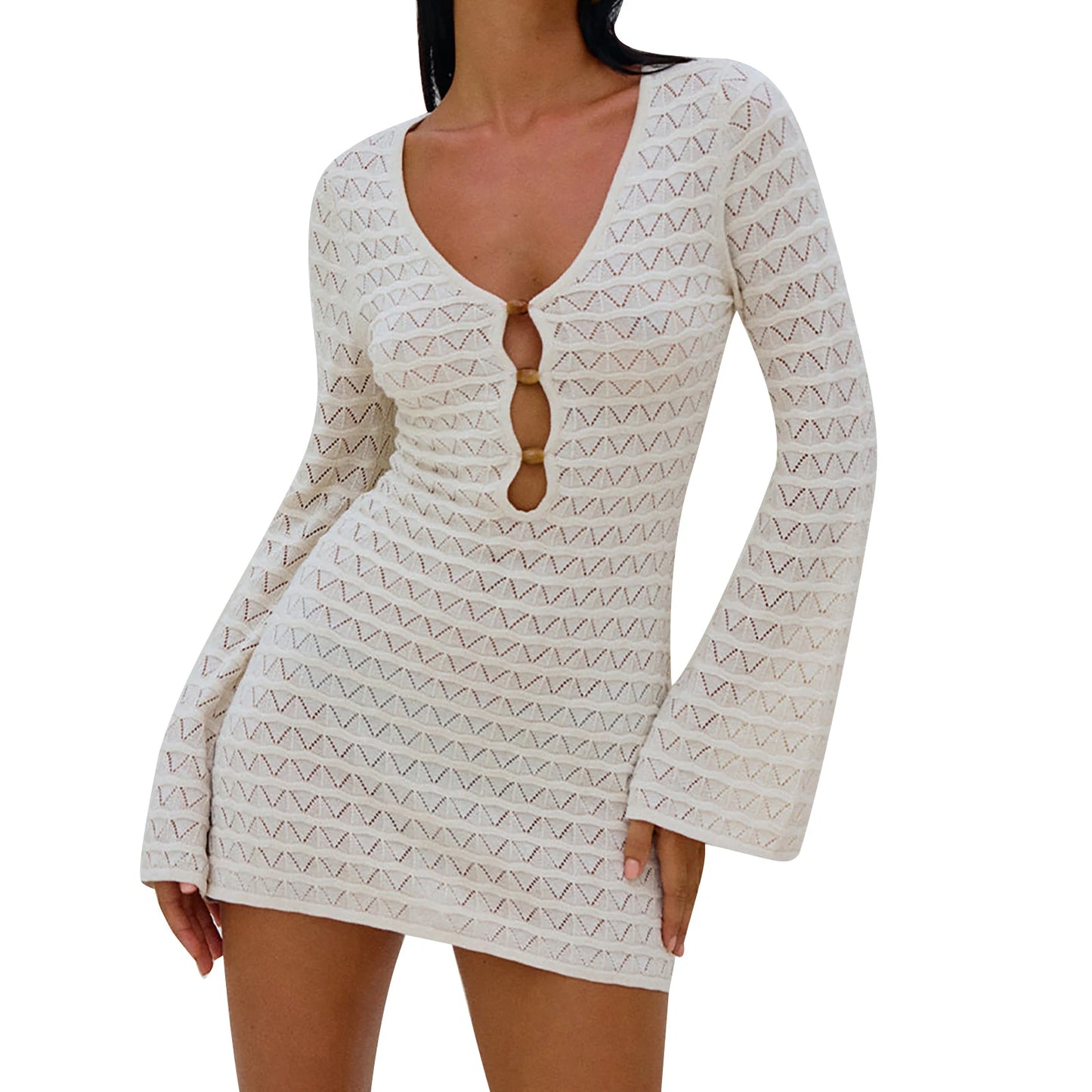 Women s Beach Cover Up Dress with Hollow-Out Front Detail Solid Color Summer Swimsuit Coverup Bathing Suit Cover Ups for