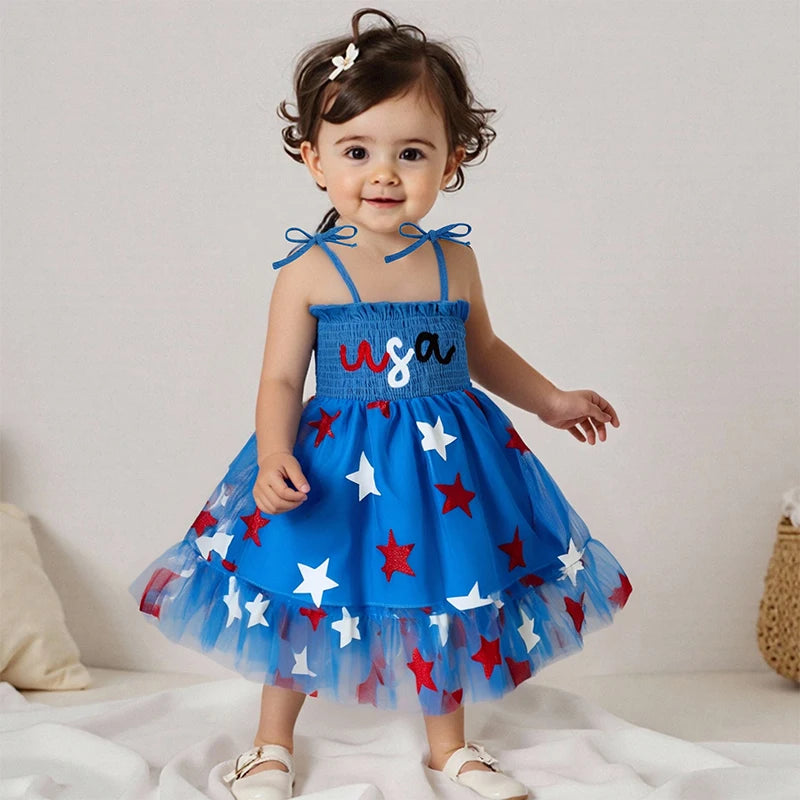 Toddler Girl Patriotic Sleeveless Dress with Tie Shoulder Star Print Tulle Dress Kids Smocked Fourth of July Outfit