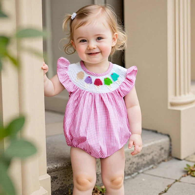 Toddler Girls Rompers Watermelon Embroidery Polka Dot Floral Square Neck Ruffle Sleeve Baby Bodysuits Playsuits
