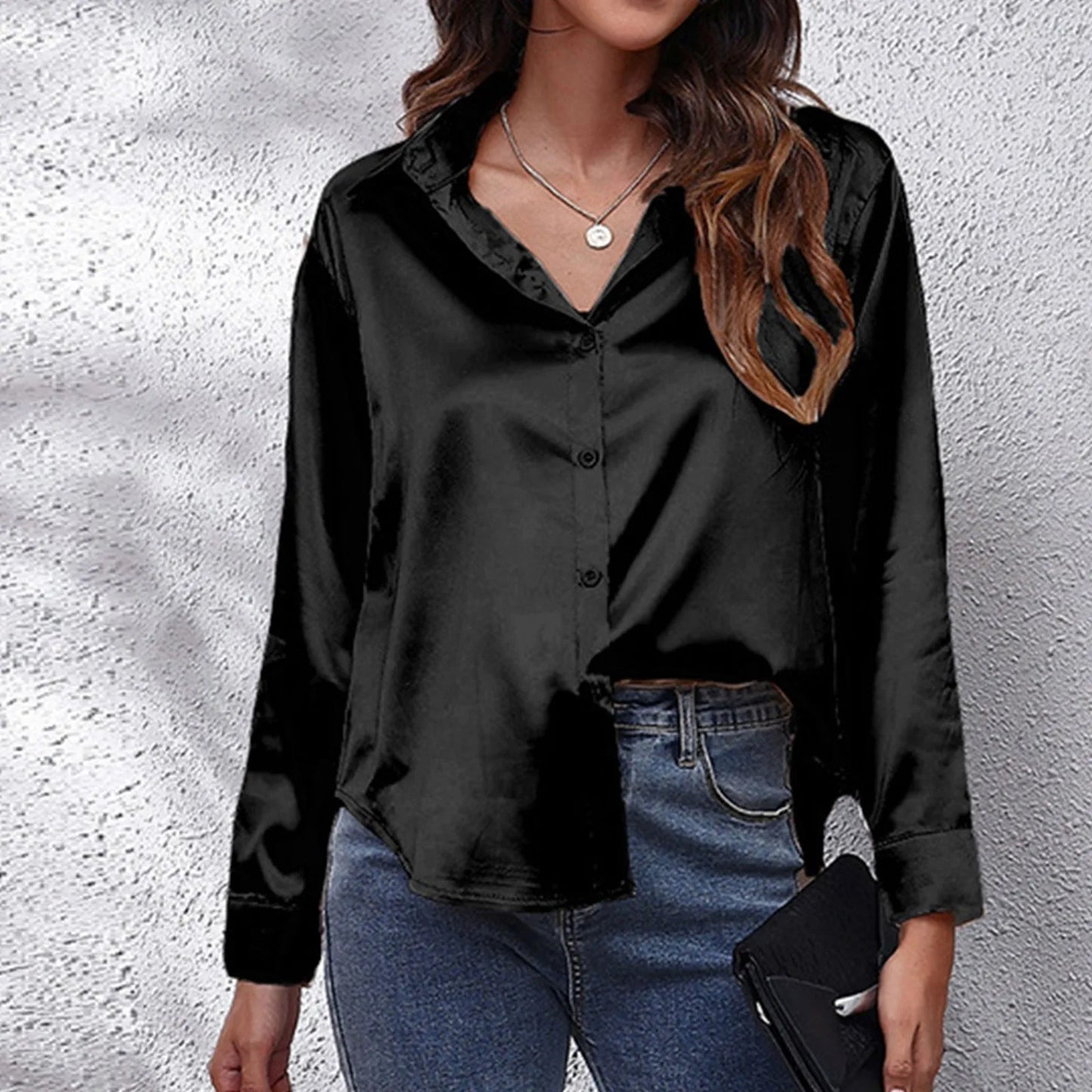 Women's Satin Shirts Solid Color Long Sleeve Office Top 2024