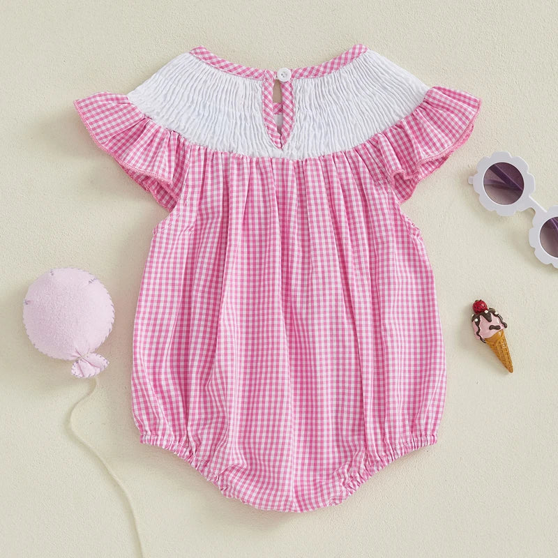 Toddler Girls Rompers Watermelon Embroidery Polka Dot Floral Square Neck Ruffle Sleeve Baby Bodysuits Playsuits