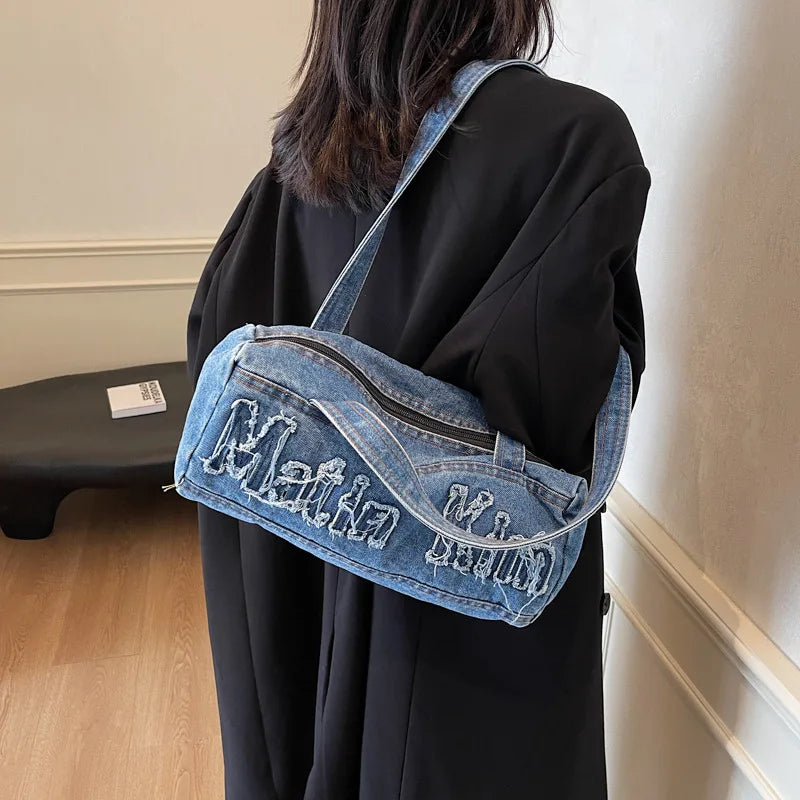 Denim Messenger Bag Casual Retro Tote Bag Large Hobo Bag Jean Purses for Women Work Shopping Travel