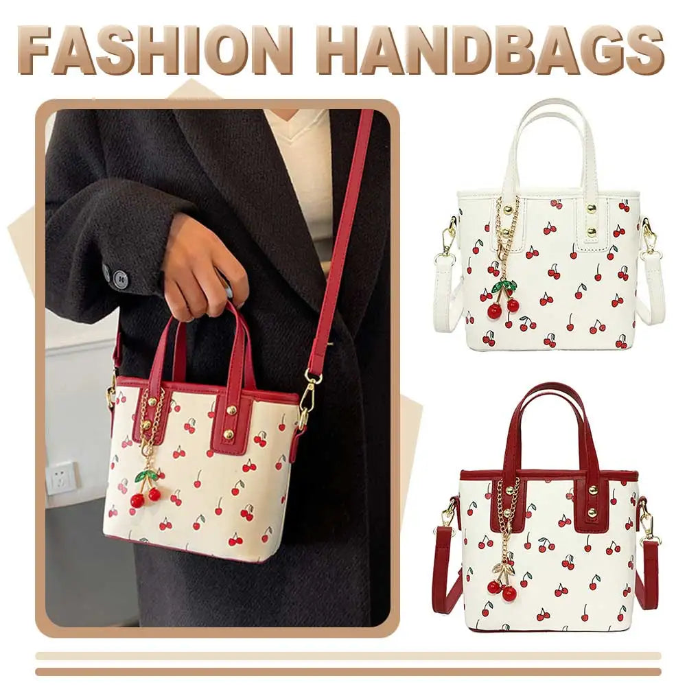 Women PU Cherry Shoulder Bag Large Capacity Trendy Commuting Bag with Cherry Pendant Stylish Crossbody Bag Aesthetic Handbag