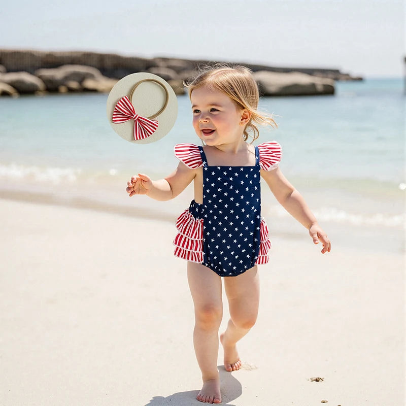 Toddler Girls American Flag Romper with Ruffle Sleeve and Bow Headband Set for 4th of July Celebration