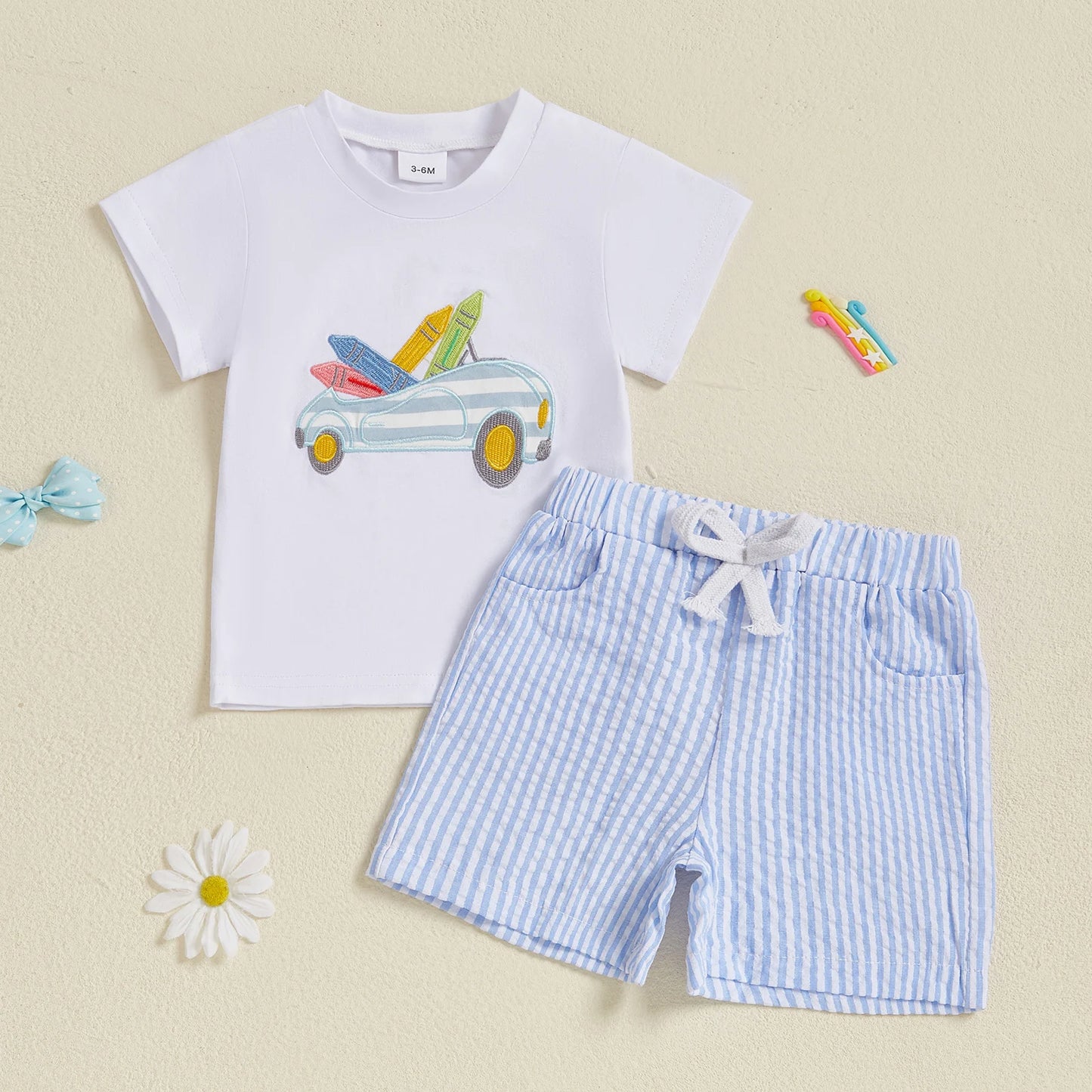 Adorable Infant Boy Casual Wear Set with Embroidered Crew Neck Tee and Striped Shorts for Hot Weather - 2 Piece Outfit