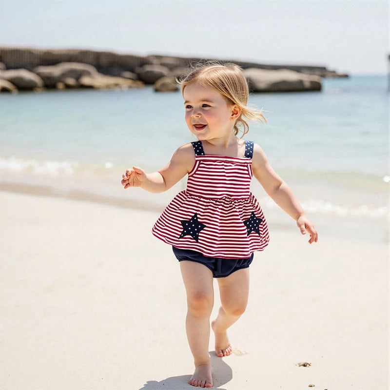 Toddler Girl Independence Day Clothing Set Sleeveless Striped Top with Matching Solid Color Shorts 2 Piece Outfit