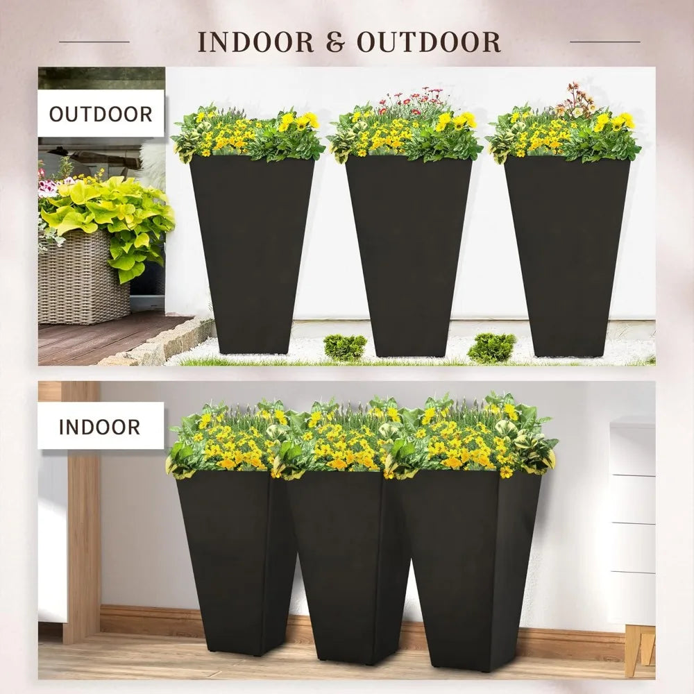Set of 3 Tall Planters with Drainage Hole, 28" Outdoor Flower Plant Pots, Indoor Planters for Porch Patio and Deck