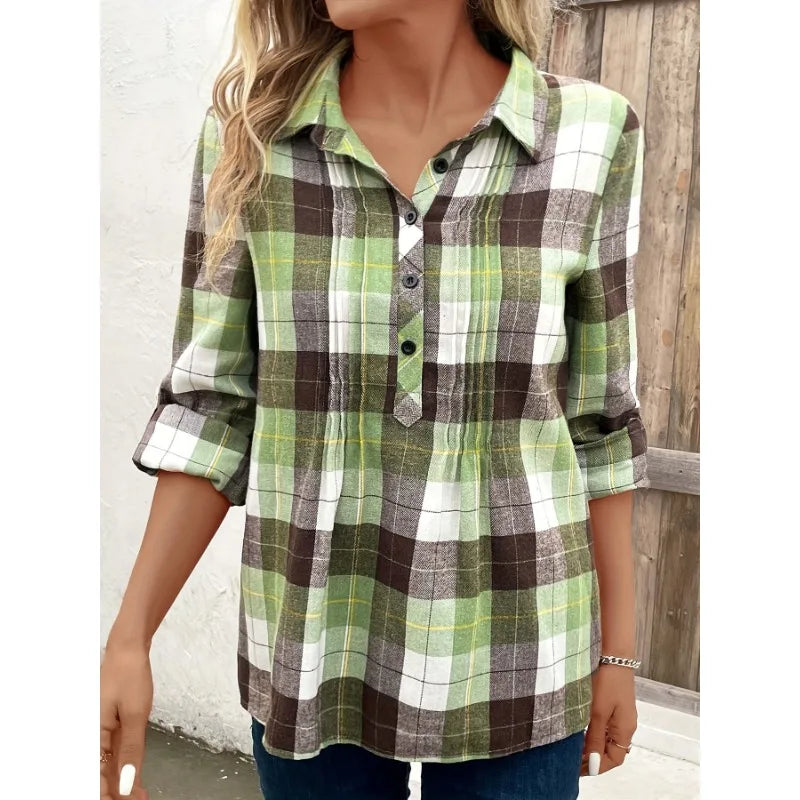 Plus Size Women's Plaid Long Sleeve Blouse for Spring Fashion