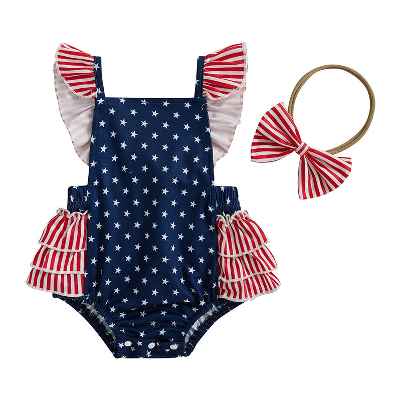 Toddler Girls American Flag Romper with Ruffle Sleeve and Bow Headband Set for 4th of July Celebration