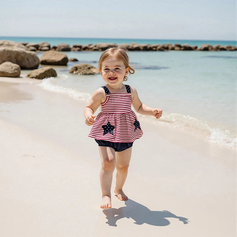 Toddler Girl Independence Day Clothing Set Sleeveless Striped Top with Matching Solid Color Shorts 2 Piece Outfit