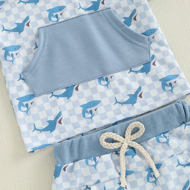 Boys Summer Outfit Sets Short Sleeve Dinosaur Print Hooded Tops and Elastic Waist Shorts Sets for Active Kids