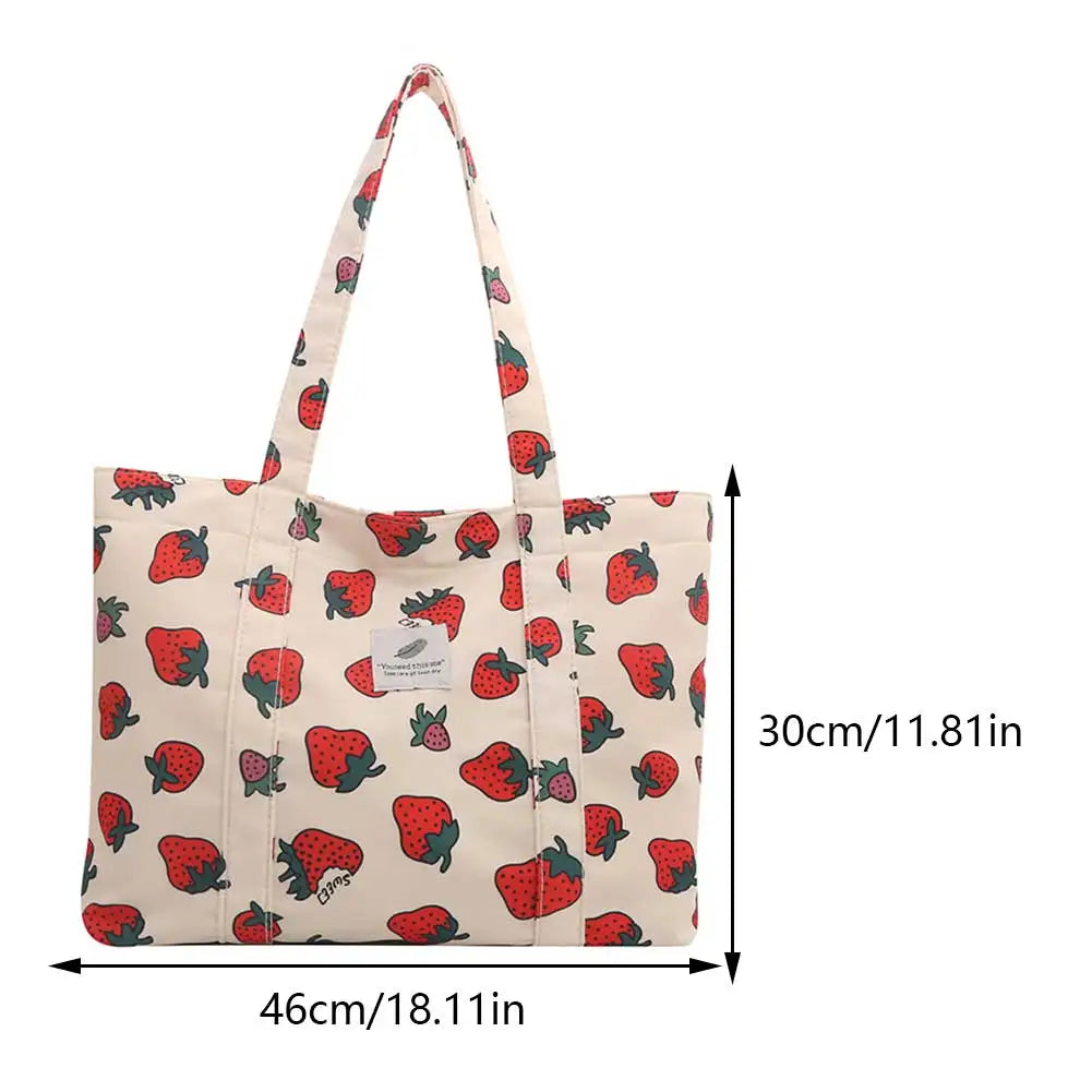 Cute Cherry Strawberry Print Satchel Purse Large Capacity Shoulder Purse Nylon Top Handle Bag Women Leisure Shopping Grocery Bag