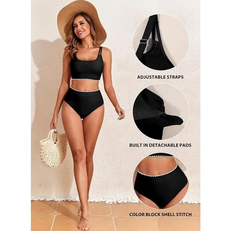 High Waisted Bikini Sets for Women 2 Piece High Cut Swimsuit Color Block Push Up Sporty Bathing Suit