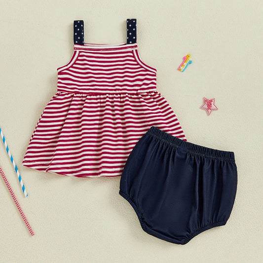 Toddler Girl Independence Day Clothing Set Sleeveless Striped Top with Matching Solid Color Shorts 2 Piece Outfit