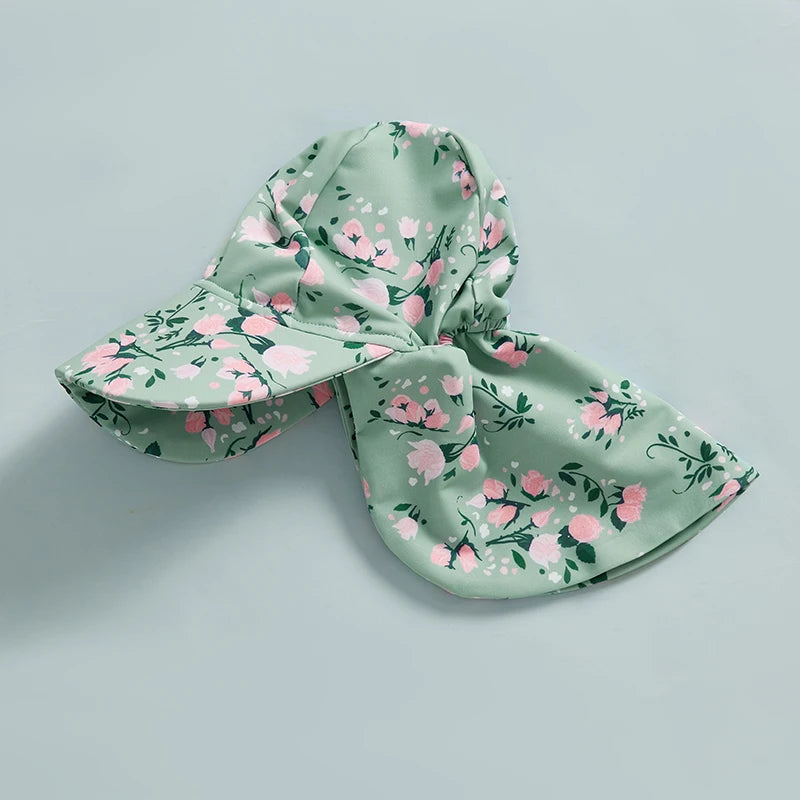 Baby Girl  Swimsuit Ruffle Sleeve Floral Print Swimwear with UPF 50 Sun Protection and Matching Hat