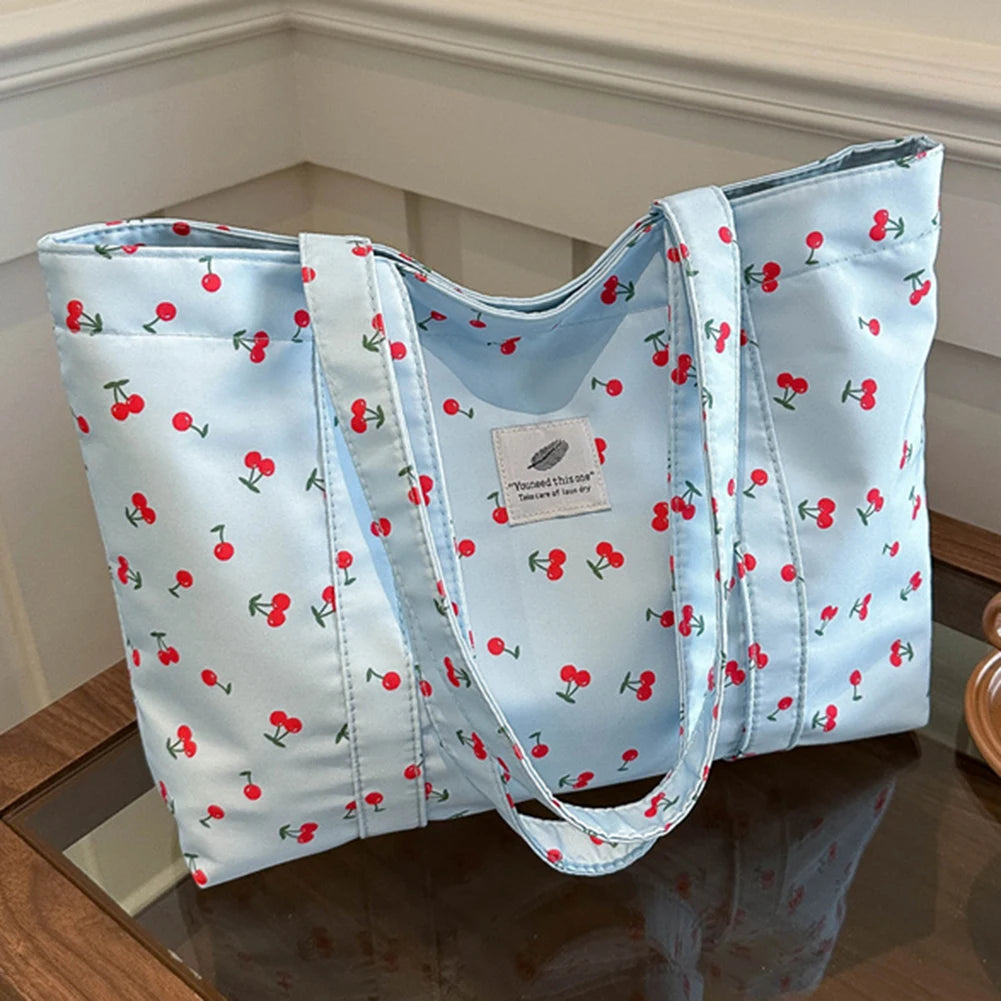 Cute Cherry Strawberry Print Satchel Purse Large Capacity Shoulder Purse Nylon Top Handle Bag Women Leisure Shopping Grocery Bag