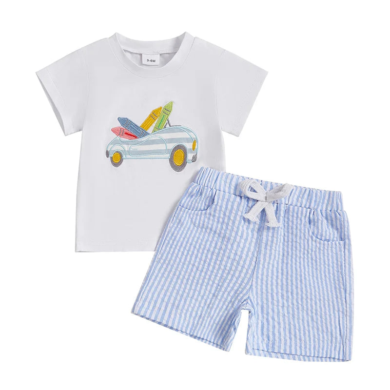 Adorable Infant Boy Casual Wear Set with Embroidered Crew Neck Tee and Striped Shorts for Hot Weather - 2 Piece Outfit