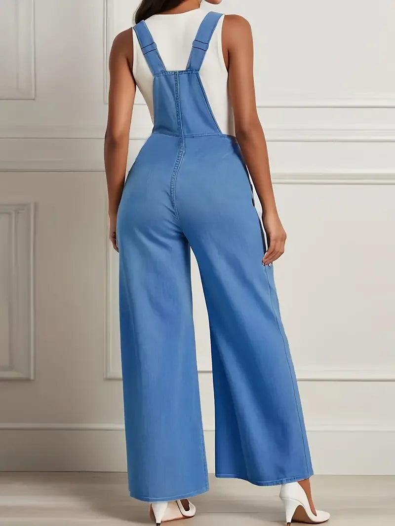 Women Fashion Big Pocket Denim Overalls Casual Jumpsuit