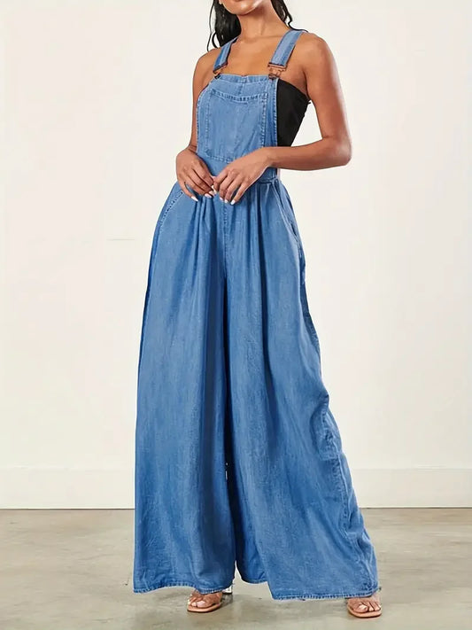 Women Fashion Big Pocket Denim Overalls Casual Jumpsuit