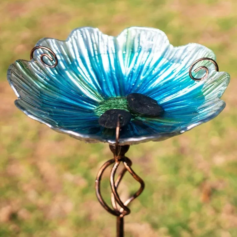 31 Inch Height Glass Birdbath Birdfeeder with Metal Stake Garden Yard Outdoor Blue