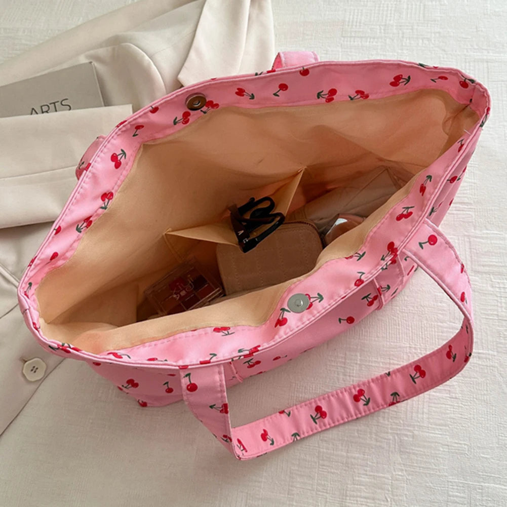 Cute Cherry Strawberry Print Satchel Purse Large Capacity Shoulder Purse Nylon Top Handle Bag Women Leisure Shopping Grocery Bag