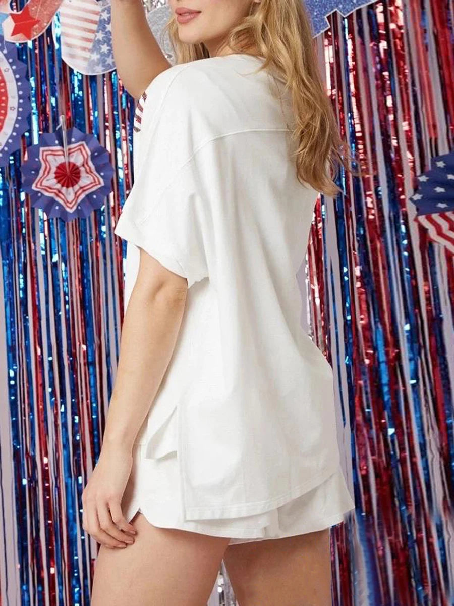 Women’s 4th of July Outfits Short Sleeve Heart Print Set