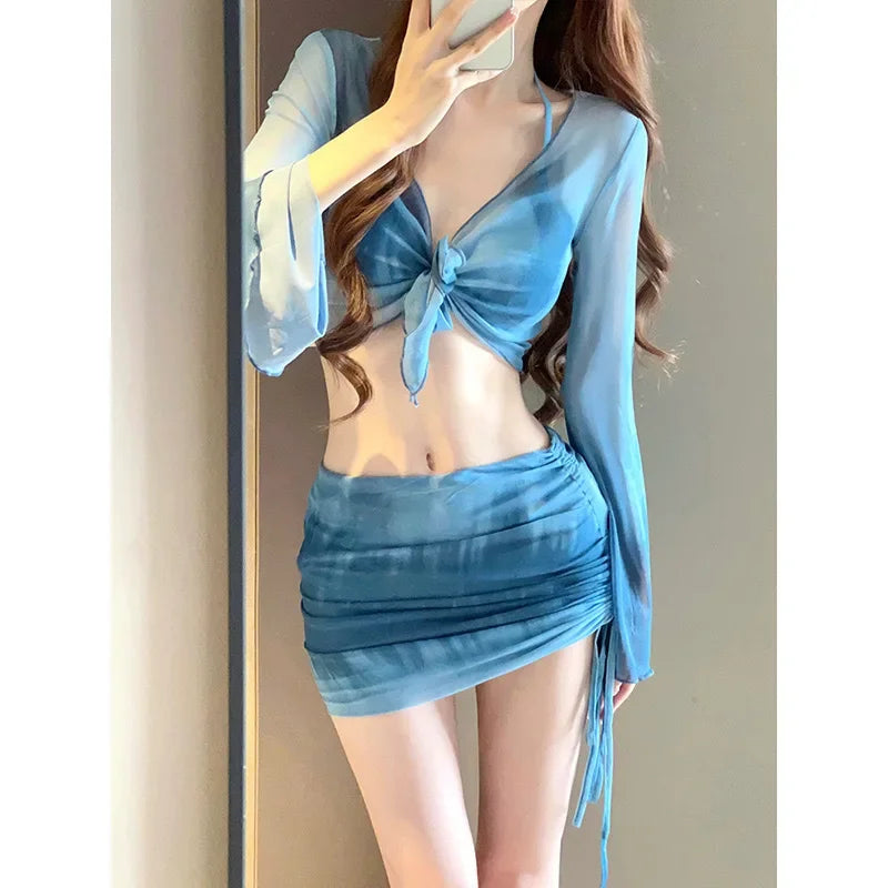 exy Bikinis Sets Women White Swimsuit Beach Wear Long Sleeve Swimsuit Cover Ups for Swimwear Women Swimming Pool Party Bikinis
