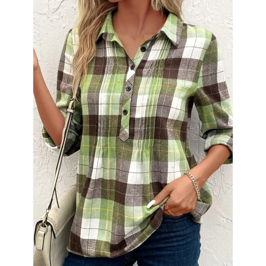 Plus Size Women's Plaid Long Sleeve Blouse for Spring Fashion