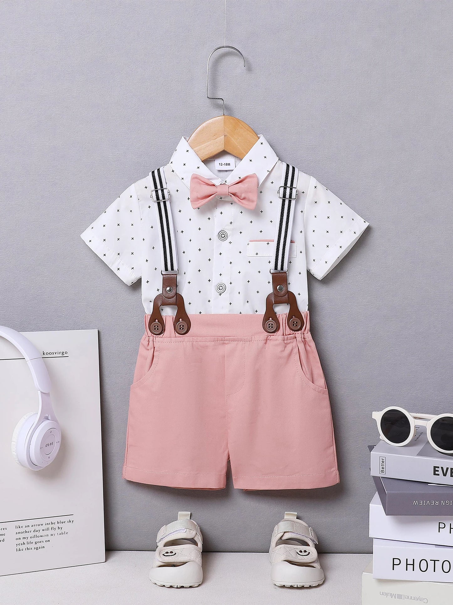 Toddler Baby Boy Clothes 1-5T Boy Gentleman Suit Short Sleeves Shirt +Suspender Pants +Bowtie Toddler Dress Boy Outfit