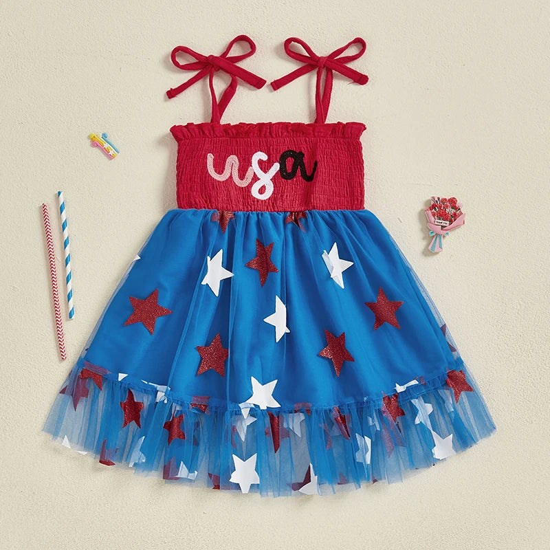 Toddler Girl Patriotic Sleeveless Dress with Tie Shoulder Star Print Tulle Dress Kids Smocked Fourth of July Outfit