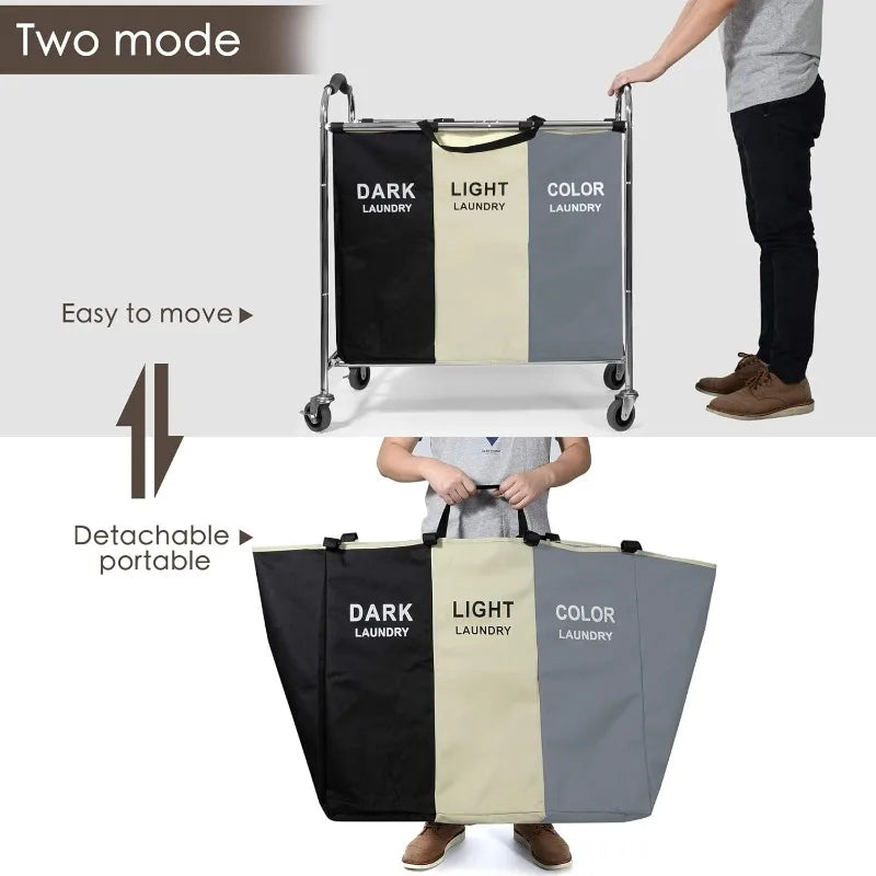 Laundry Basket with Wheels, 240l Laundry Hamper with 3 Section Laundry Bag for Dirty Clothes, Dorm Room Essentials