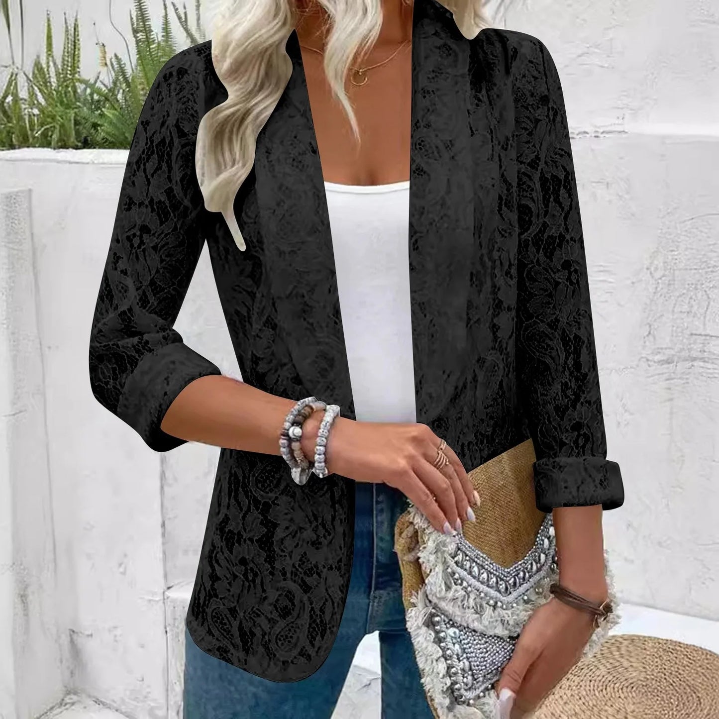 White Lace Hollow Out Women's Suit Coat Lightweight Blazers