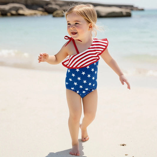 Adorable Baby Girl Fourth of July Stars and Stripes Print  Swimsuit with Ruffles and Bow Detail for Summer Fun