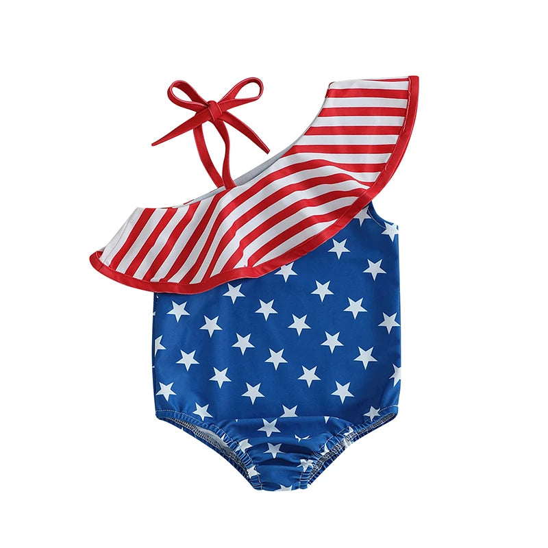 Adorable Baby Girl Fourth of July Stars and Stripes Print  Swimsuit with Ruffles and Bow Detail for Summer Fun