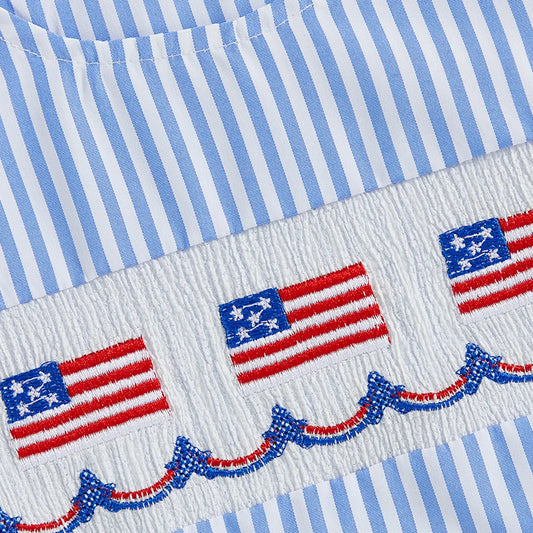 Infant Boy Independence Day Striped Romper Overalls with Sleeveless Round Neck and USA Flag Embroidery - Patriotic Jumpsuit for