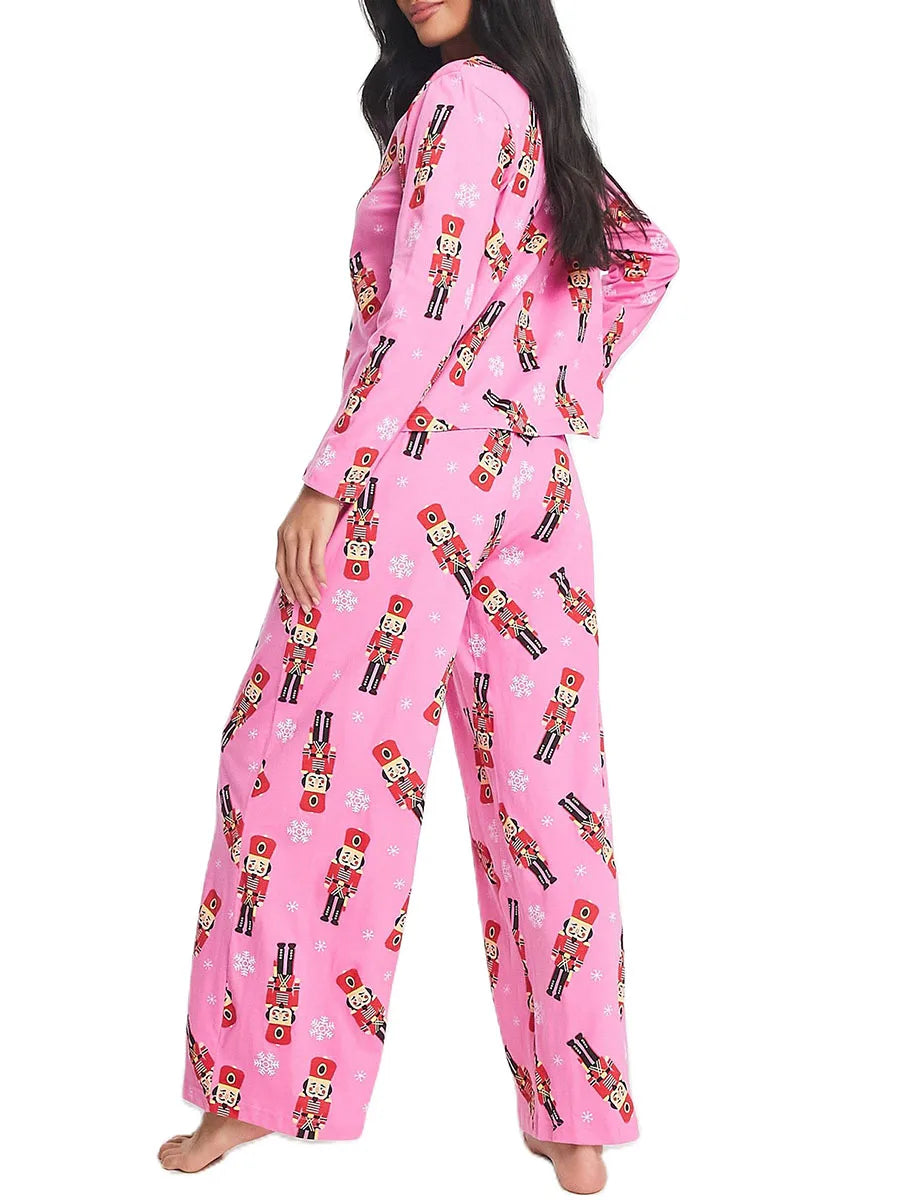 Women Pajama Set Cartoon Soldier Print Long Sleeve T-shirt Pants