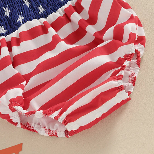 Independence Day Toddler Girls Rompers American Flag Print Off Shoulder Short Sleeve Baby Bodysuits with Bow Headband Set for